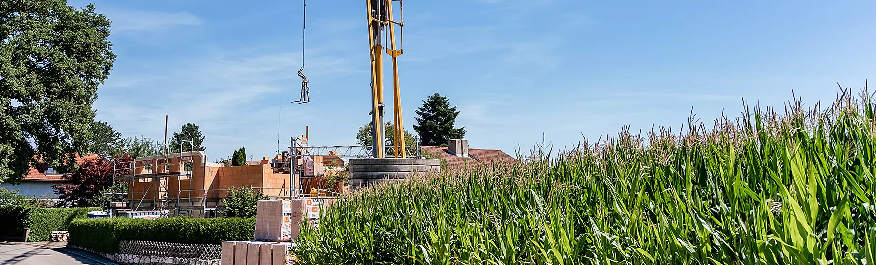 Baukran hebt Bauteil neben Maisfeld auf eine Baustelle mit Rohbau unter blauem Himmel.