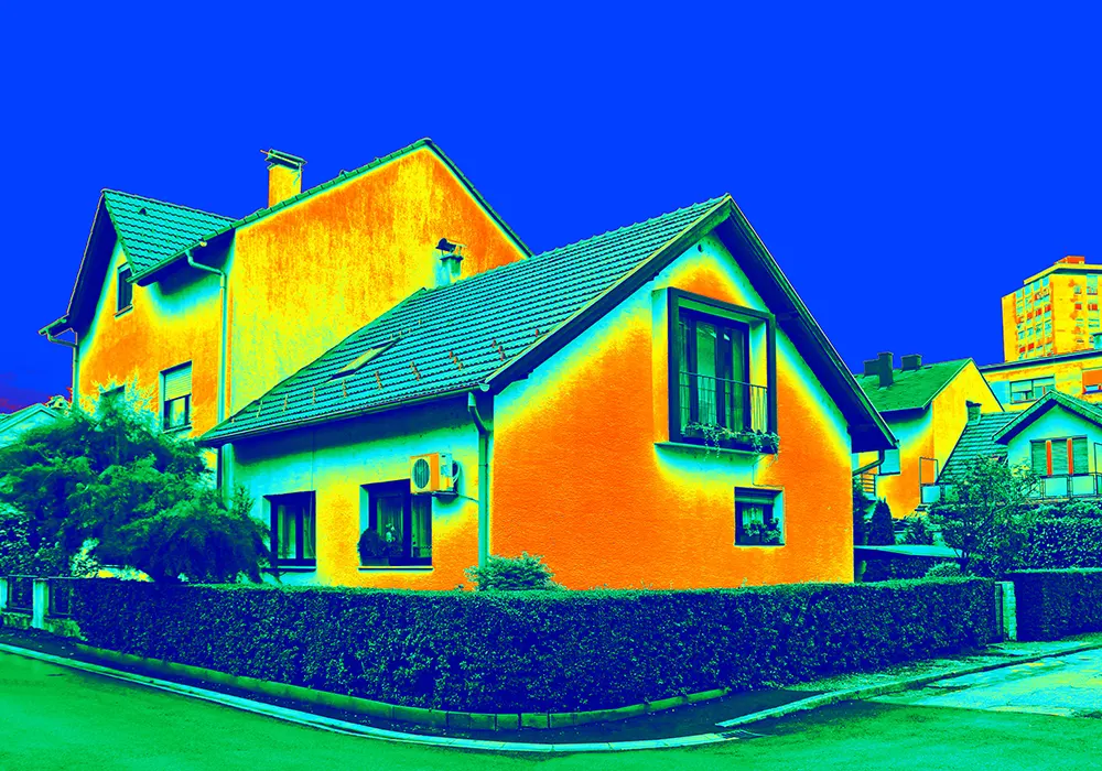 Thermografie-Aufnahme eines Einfamilienhauses, rote Flächen zeigen hohe Wärmeabstrahlung an, blauer Himmel.