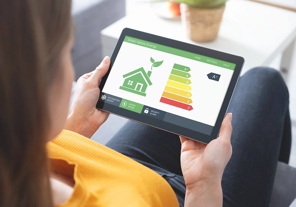 Frau hält Tablet mit Anzeige zur Energieeffizienz eines Hauses, bewertet mit A+.