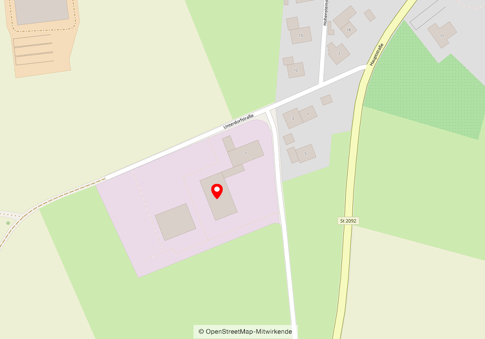 pauker-bau-gmbh-openstreetmap Kartenausschnitt mit Markierung in der Unterdorfstraße, nahe der Hauptstraße St 2092, ländliche Umgebung.