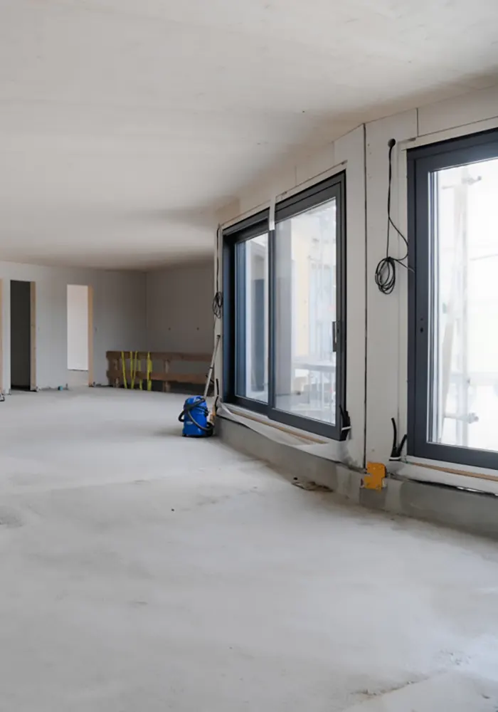 Innenraum eines Neubaus mit großen Fenstern, Betonboden und sichtbaren Kabeln an der Wand.