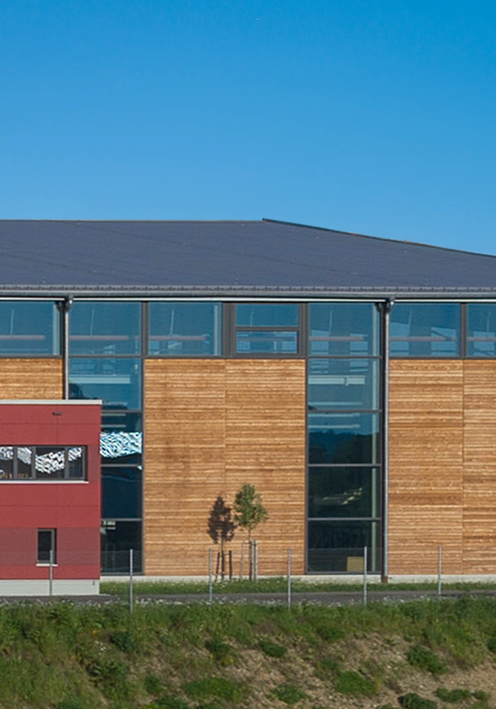 Holzfassade mit großen Fensterflächen und vorgelagertem junger Baum auf Grünstreifen.