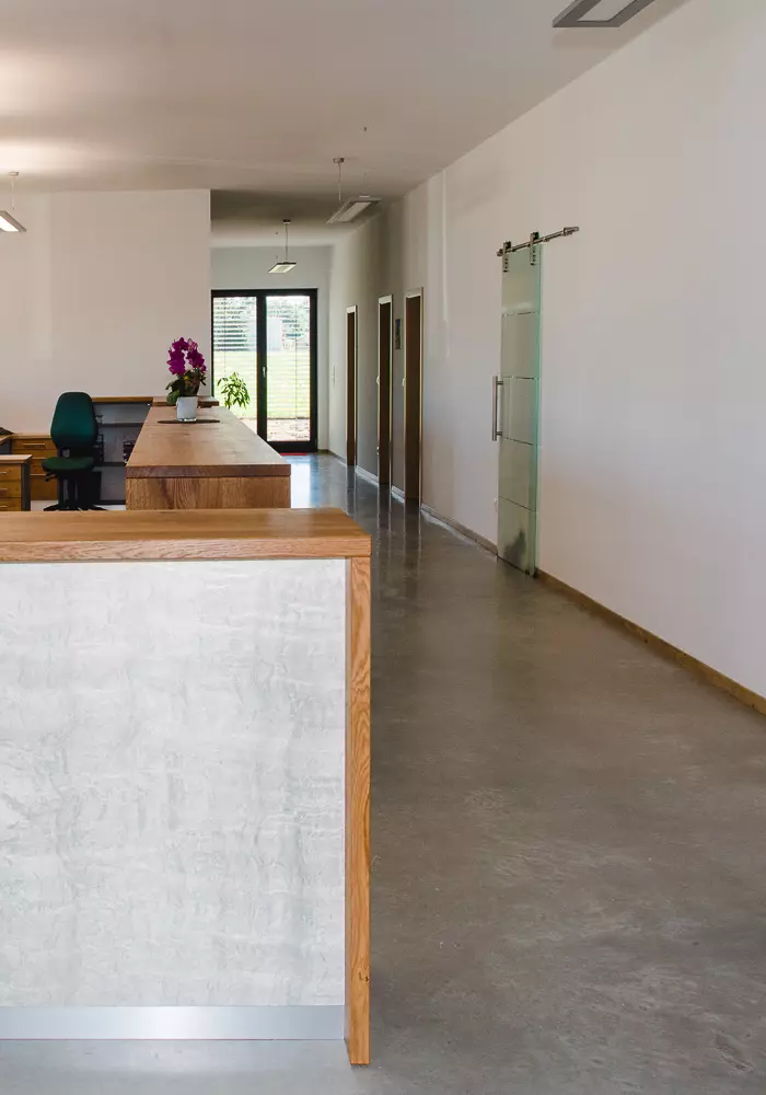 Heller Flur mit Holzempfangstresen, Glastür, mehreren Bürotüren und Blick auf eine verglaste Eingangstür mit Pflanzen.