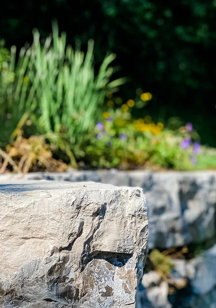Nahaufnahme eines groben Natursteins, im Hintergrund unscharfe Pflanzen und bunte Blumen.