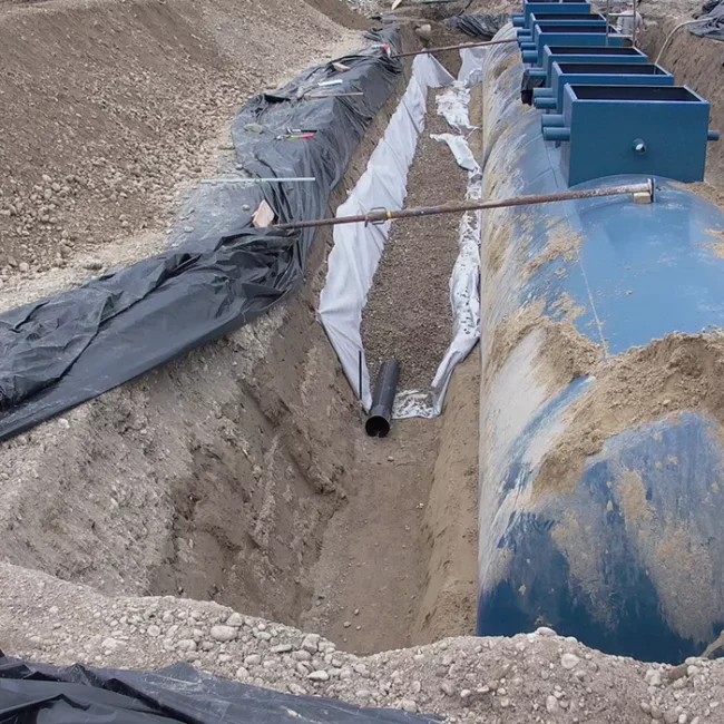 Großer blauer Erdtank in Baugrube mit Kiesbett, Rohrleitungen und schwarzer Folie zur Abdichtung.