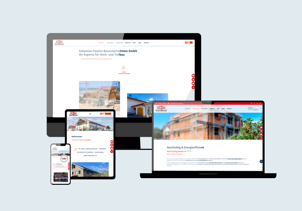 Darstellung der Pauker Bau Website auf Desktop, Laptop, Tablet und Smartphone – responsive Webdesign für Bauunternehmen.