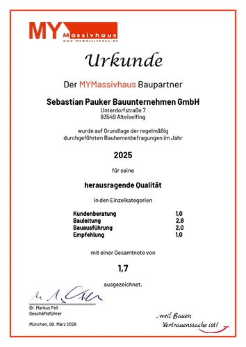Sebastian Pauker Bauunternehmen GmbH Qualitätsurkunde "Der MyMassivhaus Baupartner"